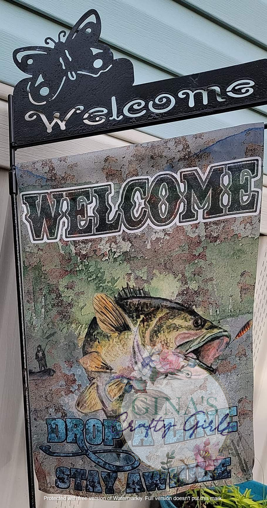 Welcome Drop A Line Stay Awhile Bass Fishing 12 x18 Double Sided Garden Flag