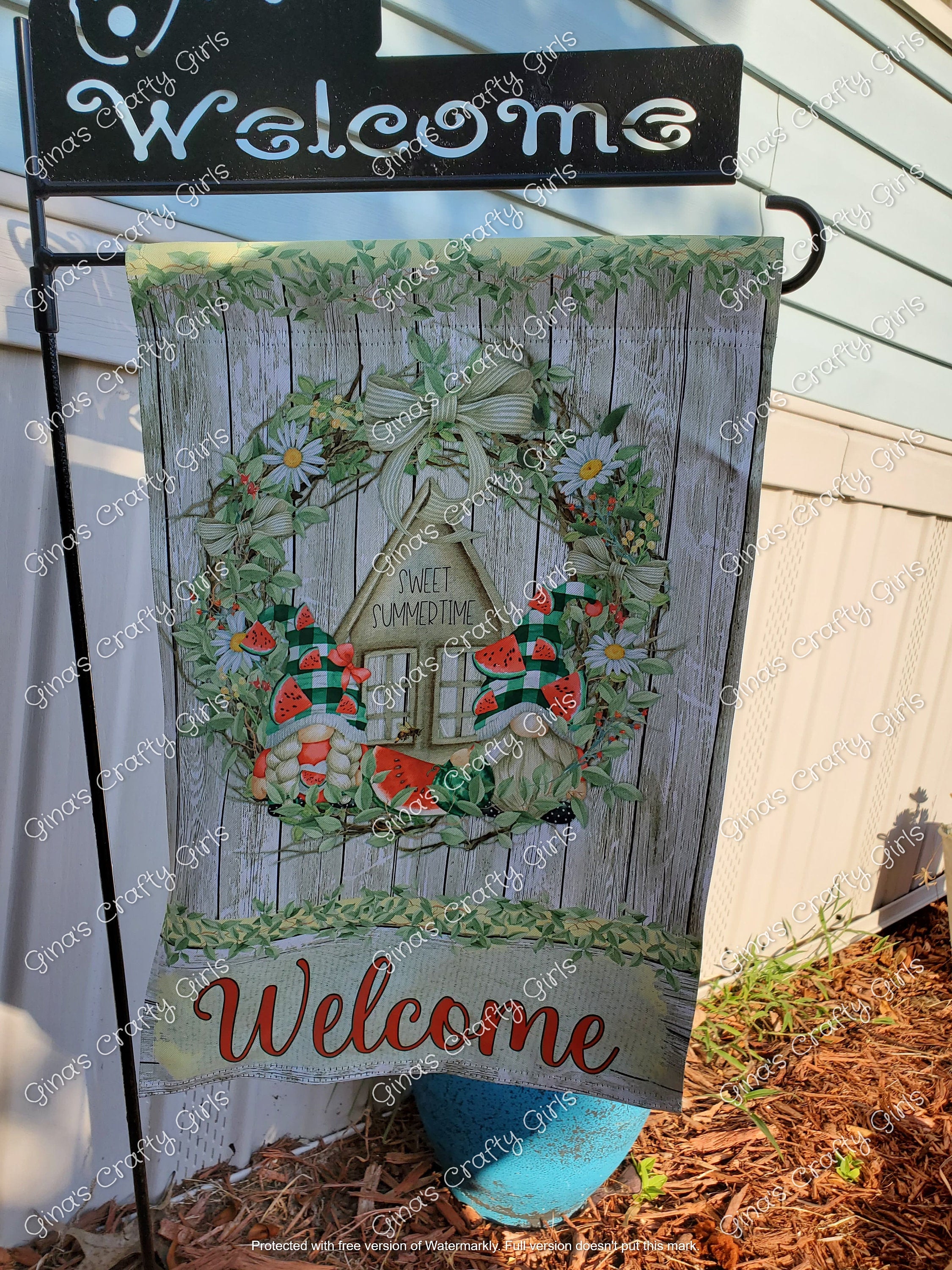 Welcome Sweet Summertime Watermelon Gnomes Summer 12 x18 Double Sided Garden Flag