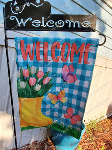 Welcome Rainboots Tulip Butterfly Plaid 12 x18 Double Sided Garden Flag