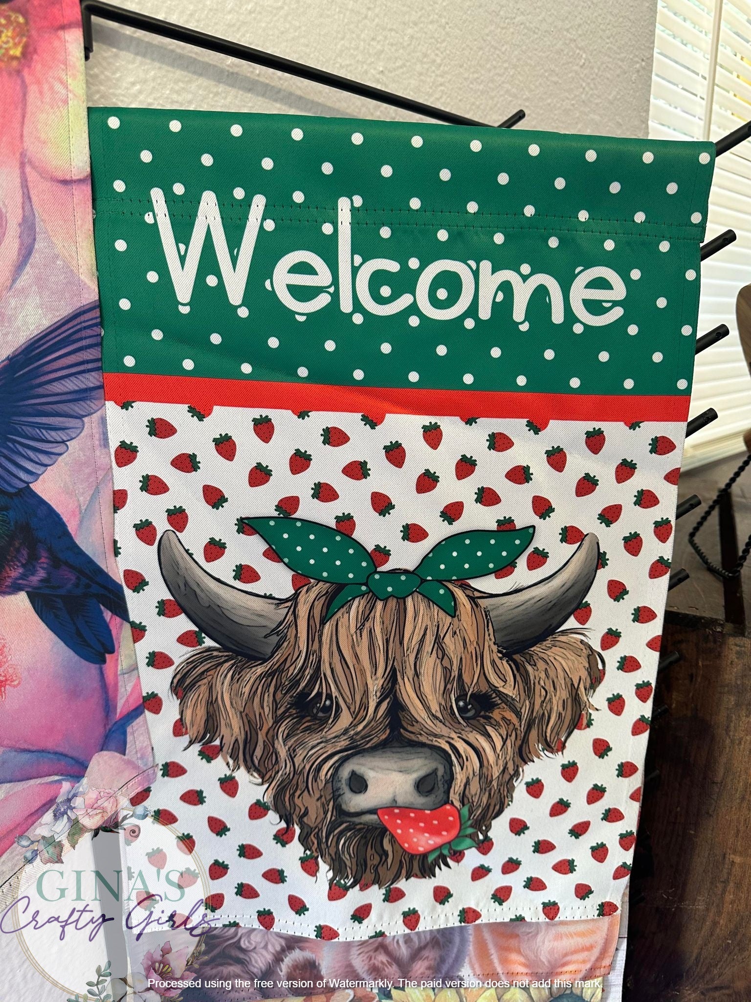 Strawberry Highland Heifer Summer 12 x18 Double Sided Garden Flag