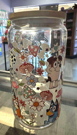 Load image into Gallery viewer, Bluey and Gang With Mushrooms Glass Cup
