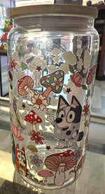 Load image into Gallery viewer, Bluey and Gang With Mushrooms Glass Cup
