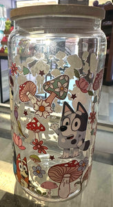Bluey and Gang With Mushrooms Glass Cup