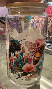 Bees With Flowers Glass Cup